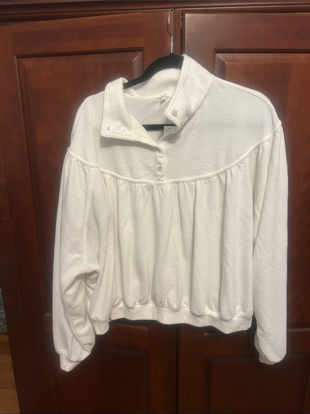 aerie Cream Button-Neck bubble hem Pullover Sweatshirt